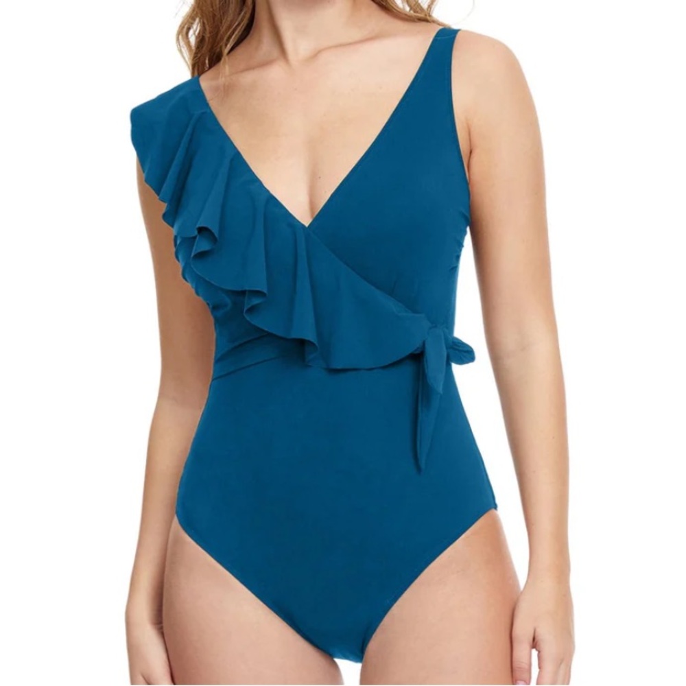 NEW Profile by Gottex 10 Blue Swimsuit Tutti Frutti Ruffle One Piece